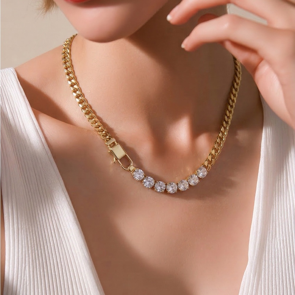 New Front Latch 14k Gold Plated Cuban Chain CZ Necklace